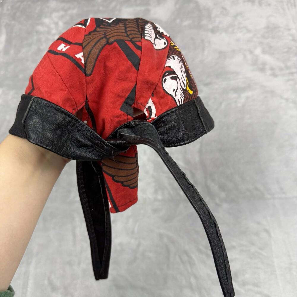 VTG Harley Davidson Red Do Rag Bandana Headwrap Leather Trim Motorcycle Gear Y2K - Picture 7 of 11